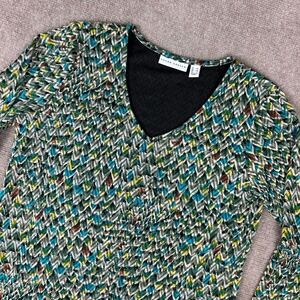 Susan Graver Tunic Blouse Top Womens XS Multicolor Zigzag Pattern Comfort V-Neck